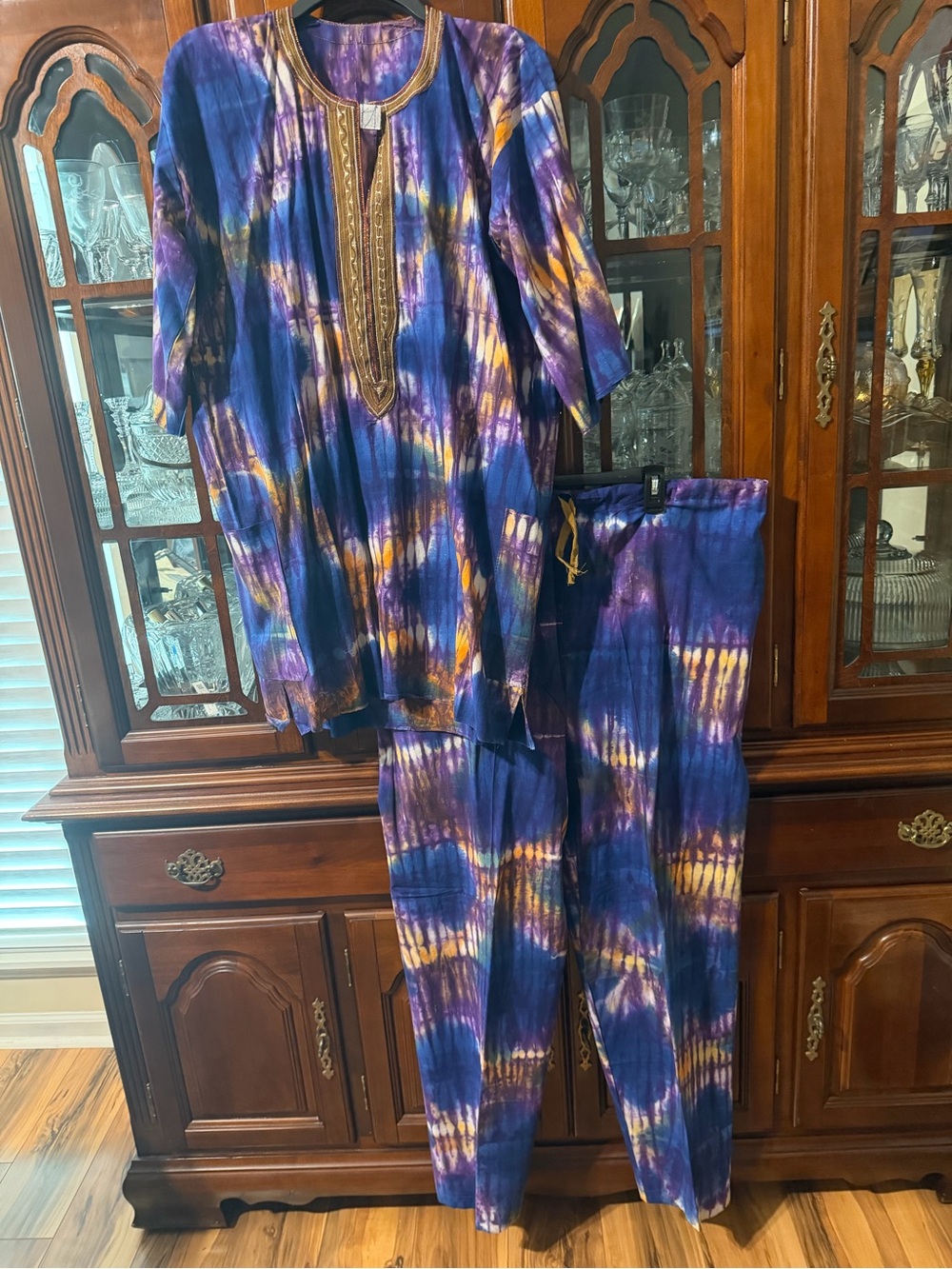 Authentic African Purple Tie-Dye Two-Piece Lounge Set with Embroidered Neckline